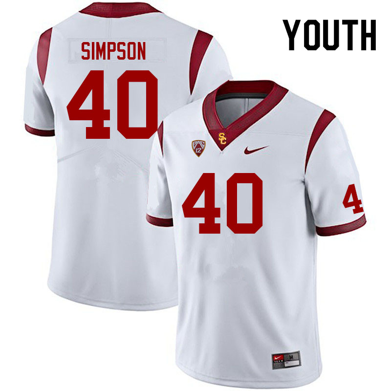 Youth #40 L Simpson USC Trojans College Football Jerseys Sale-White